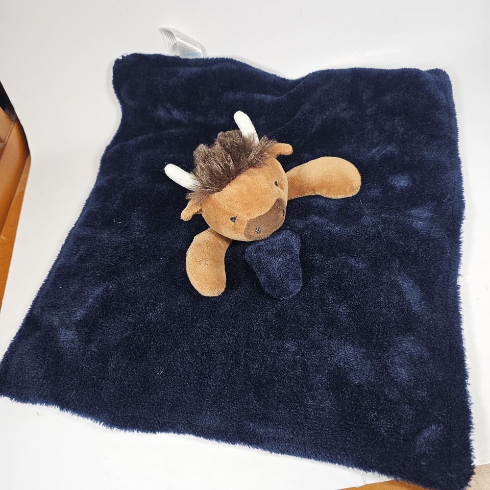 Carters - Brown Cow Bull Buffalo - Plush Security Blanket Baby Lovey Blue Stripe